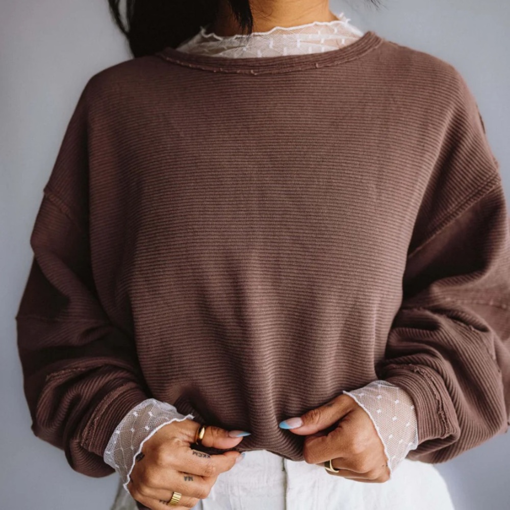 Free People Long Sleeve Ribbed Top in Brown